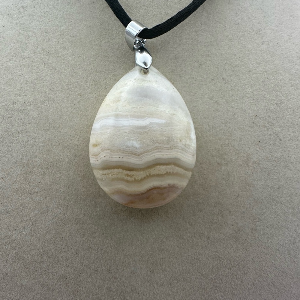 Banded Agate Teardrop Pendant Necklace on Black Satin Cord - Picture 5 of 7